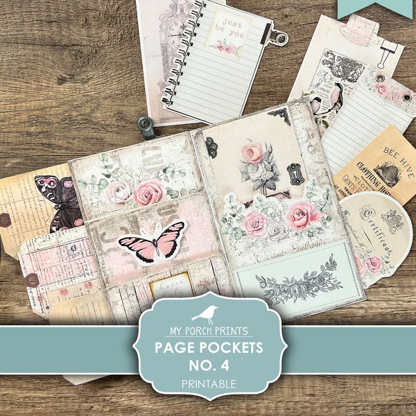 Junk Journal, Page Pockets, No. 4, Kit, Folio, Folder, Shabby, Butterfly, Insert, Pink, My Porch Prints, Digital, Download, Printable