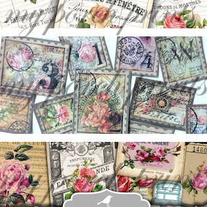 May include: A collection of vintage-style printable ephemera featuring roses. Includes library cards, postage stamps, and perfume labels with floral and French text designs. The bundle is labeled "Ultimate Rose Bundle Printable."