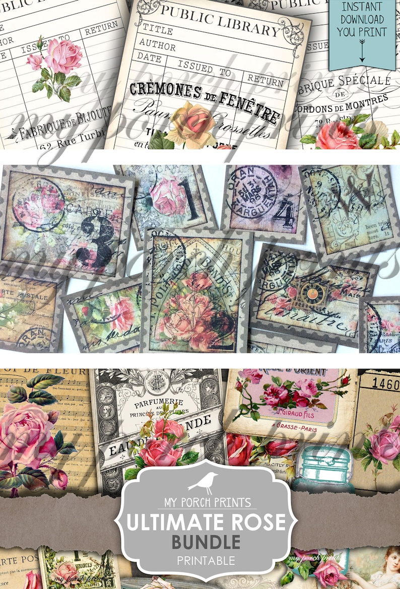 May include: A collection of vintage-style printable ephemera featuring roses. Includes library cards, postage stamps, and perfume labels with floral and French text designs. The bundle is labeled "Ultimate Rose Bundle Printable."