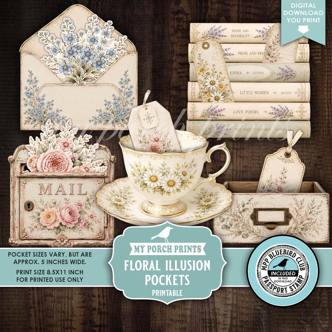 Floral Illusion Pockets, Junk Journal Kit Books Tags Spring Teacups Happy Mail Mailbox Vin