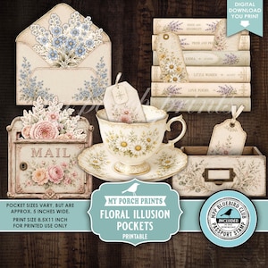 Floral Illusion Pockets, Junk Journal Kit Books Tags Spring Teacups Happy Mail Mailbox Vintage, My Porch Prints Printable Digital Download