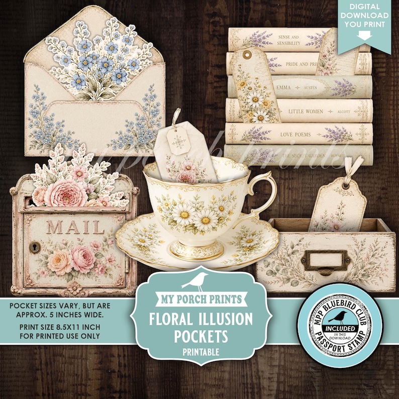 May include: A digital download set featuring a floral envelope, a mailbox with pink roses, a teacup with daisies, a wooden drawer, and a stack of books with tags. Text includes "My Porch Prints Floral Illusion Pockets" and "Digital Download You Print".