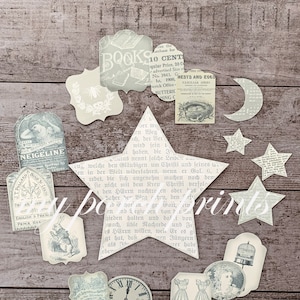Puede incluir: Una colecci&oacute;n de ef&iacute;meras de papel de estilo vintage con una variedad de dise&ntilde;os, incluyendo estrellas, una luna creciente, un reloj, una jaula para p&aacute;jaros y un conejo. El papel est&aacute; impreso con texto e ilustraciones en color gris claro.