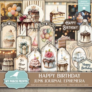 Happy Birthday EPHEMERA Kit, Junk Journal, Party, Card, Boy, Girl, Blue, Pink, Neutral, My Porch Prints, Printable, Digital Download