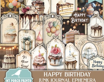 May include: A set of printable digital papers featuring a variety of birthday-themed images, including cakes, cupcakes, balloons, and gift boxes. The papers are designed in a vintage style with a distressed background and are perfect for scrapbooking, card making, and other paper crafts. The text "Happy Birthday Junk Journal Ephemera" is included in the image.