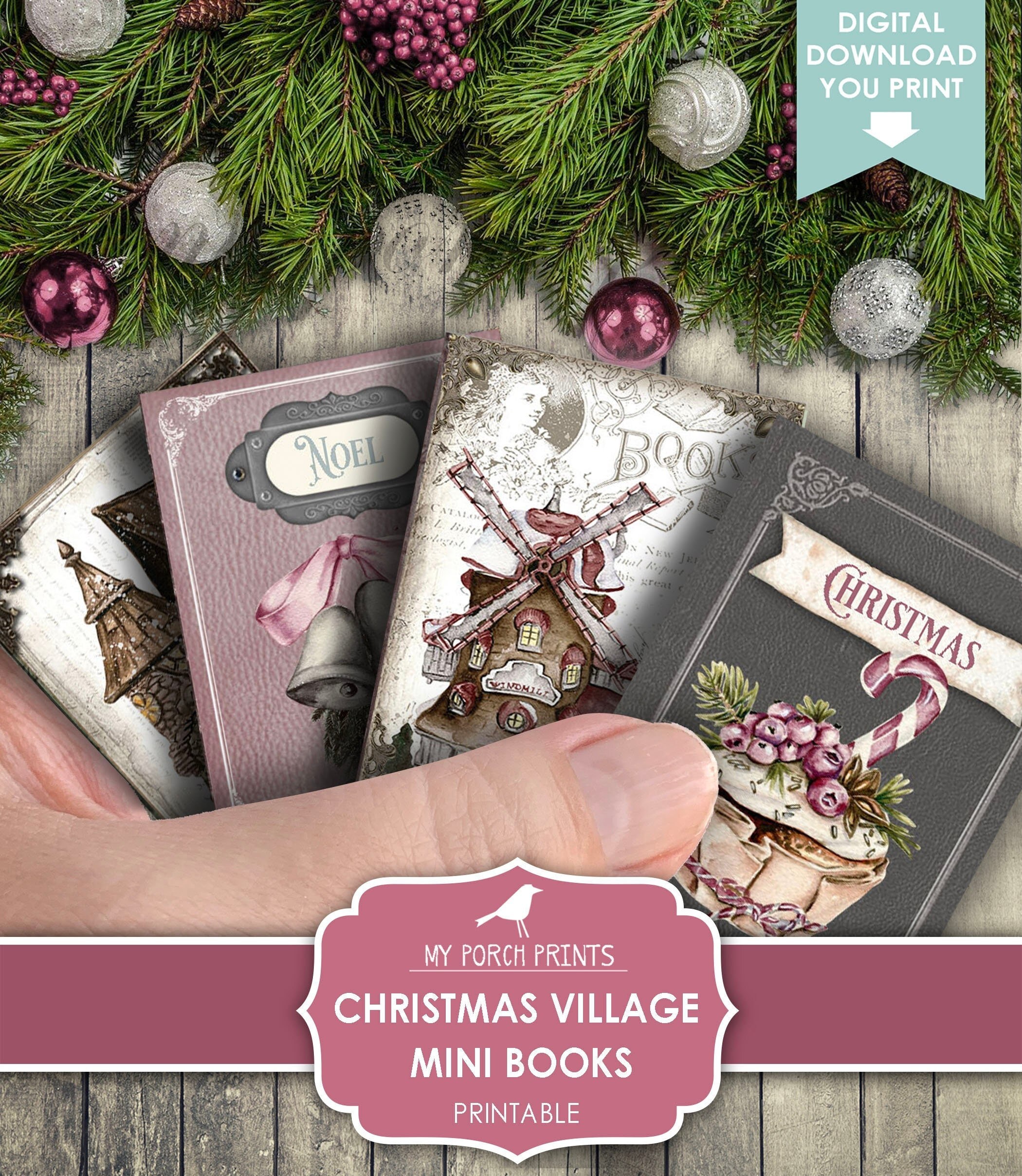 mini books, christmas, village, junk journal, tag, book, stocking