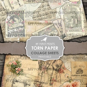 May include: Printable digital collage sheets featuring torn paper textures with vintage images, including a carriage, a key, a woman's portrait, a beehive, a sewing machine, and floral designs. The text "My Porch Prints Torn Paper Collage Sheets Printable" is displayed on a gray banner.