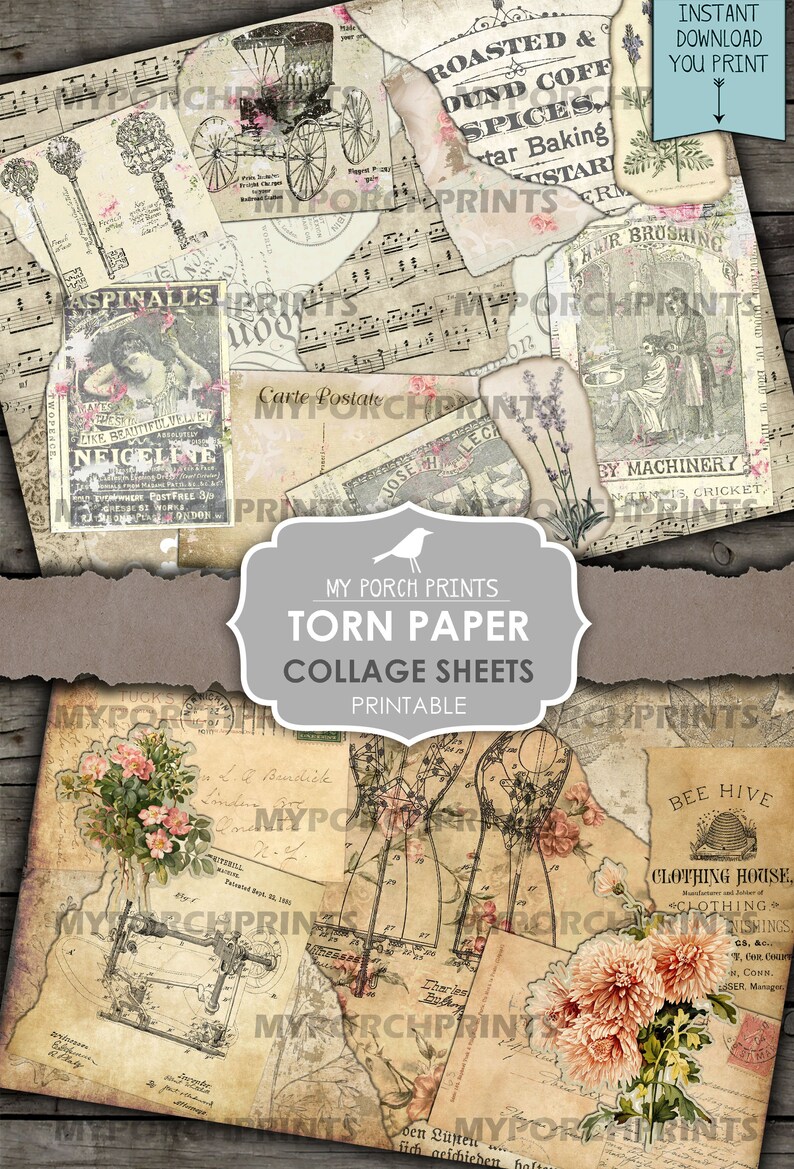 May include: Printable digital collage sheets featuring torn paper textures with vintage images, including a carriage, a key, a woman's portrait, a beehive, a sewing machine, and floral designs. The text "My Porch Prints Torn Paper Collage Sheets Printable" is displayed on a gray banner.
