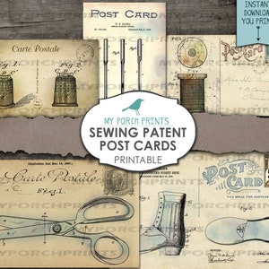 Puede incluir: Un conjunto de postales vintage imprimibles sobre patentes de costura. Las postales presentan ilustraciones de herramientas y m&aacute;quinas de coser, incluyendo un dedal, una aguja, un par de tijeras y un zapato.