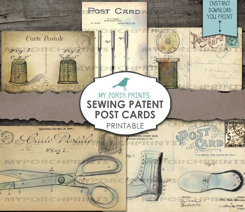 Puede incluir: Un conjunto de postales vintage imprimibles sobre patentes de costura. Las postales presentan ilustraciones de herramientas y m&aacute;quinas de coser, incluyendo un dedal, una aguja, un par de tijeras y un zapato.