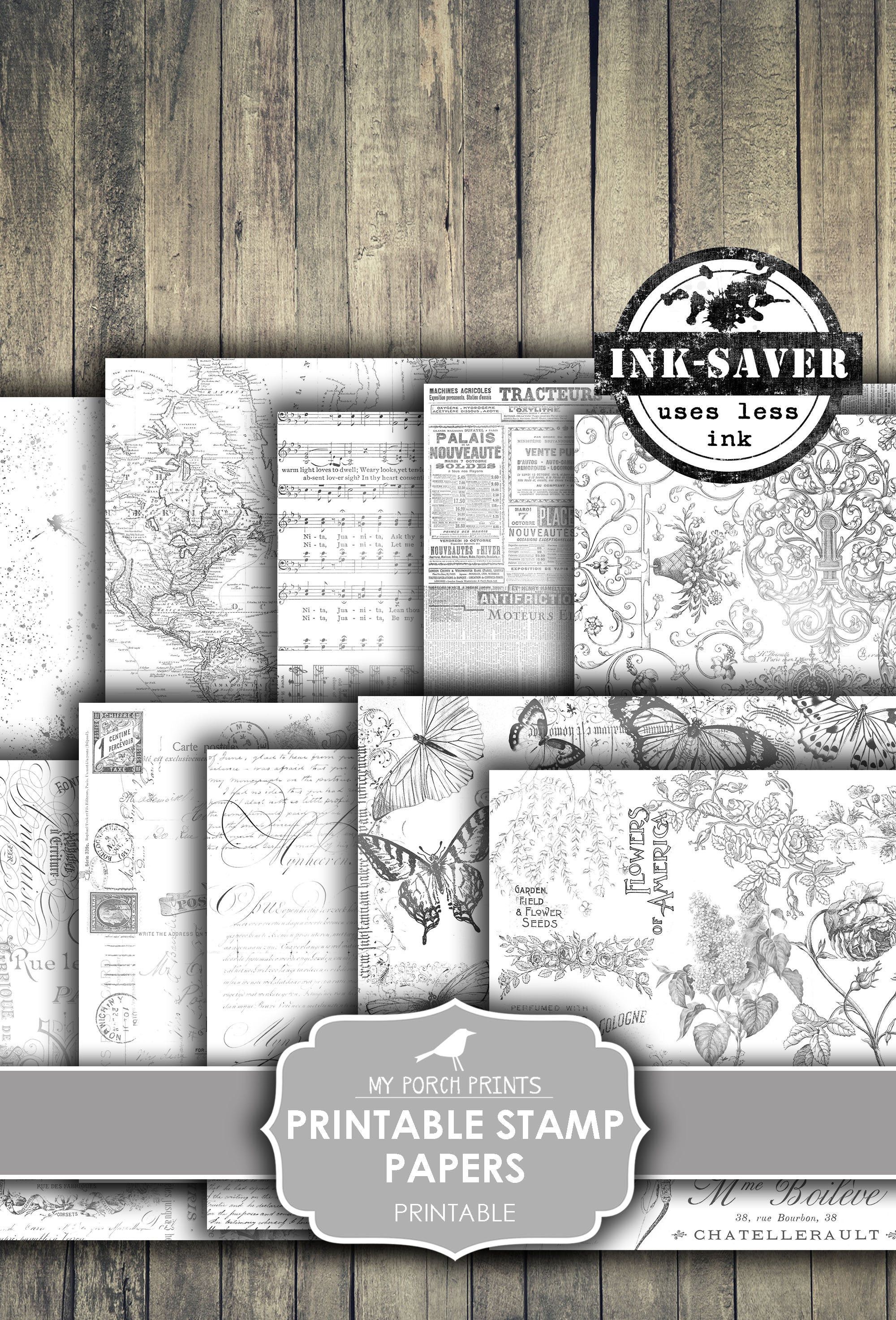 Printable Stamp Papers, Junk Journal, Vintage, Black and White, Ink Saver, Neutral, Grunge, Scrapbook, Digital, My Porch Prints, Download