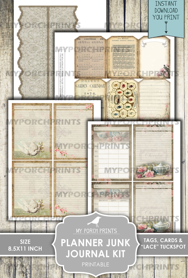 Planner Junk Journal Kit, Calendar, Bullet Journal, Shabby, My Porch Prints, Junk Journal, Printable, Paper, Ephemera, Digital, Download image 7