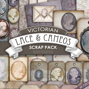 Kit de scrapbook vitoriano de renda e camafeus, kit de diário de lixo, papel para impressão, efêmera, vintage, romântico, cartão, tecido, surrado, steampunk, etiquetas