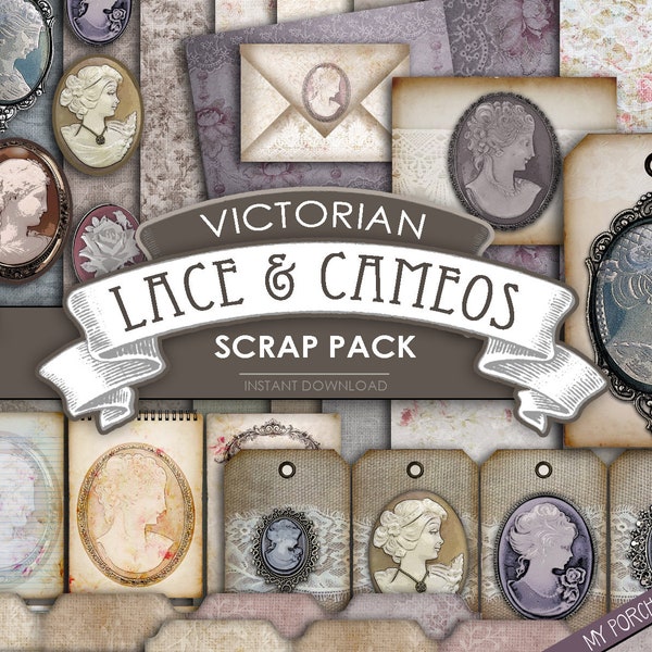 Victorian Lace & Cameos Scrapbook Kit, junk journal kit, afdrukbaar papier, efemere, vintage, romantisch, kaart, stof, armoedig, steampunk, tags
