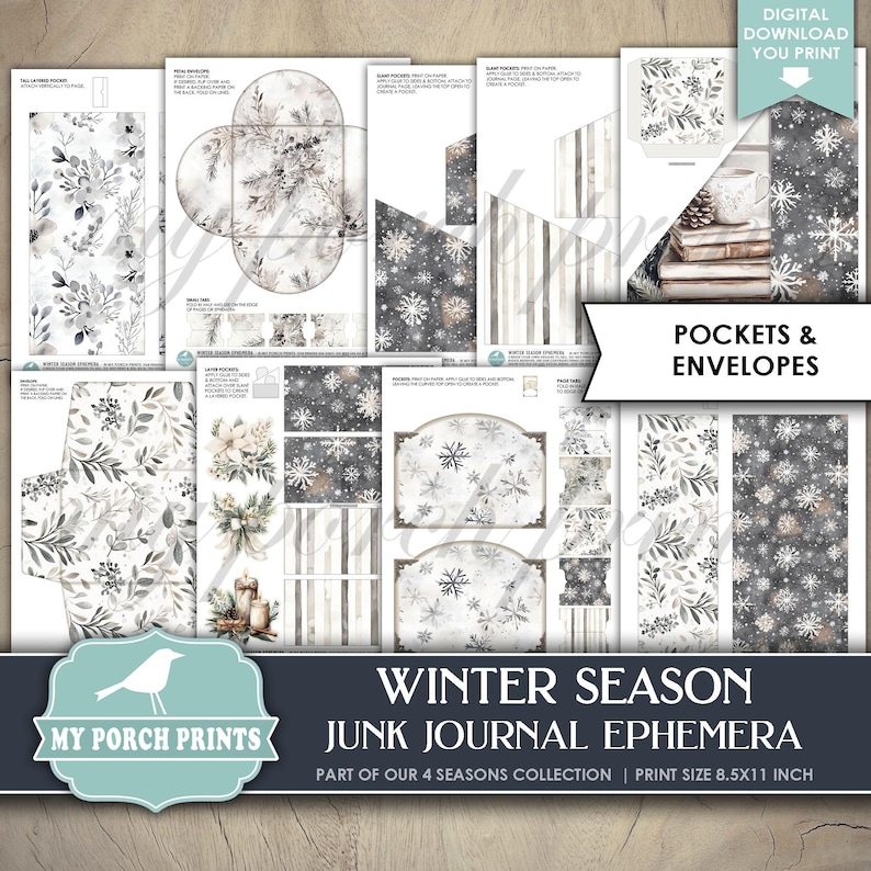 Winter Season EPHEMERA, Junk Journal, Kit, White, Neutral, Holiday ...