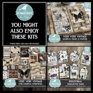 Pu&ograve; includere: Un collage di kit digitali a tema vintage per junk journal e lavori di carta. L'immagine include pagine di diario, efemeridi ed etichette del tesoro con farfalle, orologi e immagini antiche. Il testo include "Vintage", "Journal" e "Industrial Treasure Tags".