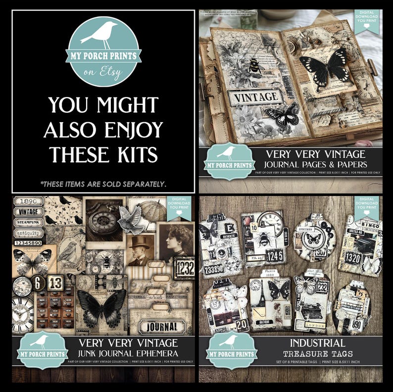 Pu&ograve; includere: Un collage di kit digitali a tema vintage per junk journal e lavori di carta. L'immagine include pagine di diario, efemeridi ed etichette del tesoro con farfalle, orologi e immagini antiche. Il testo include "Vintage", "Journal" e "Industrial Treasure Tags".