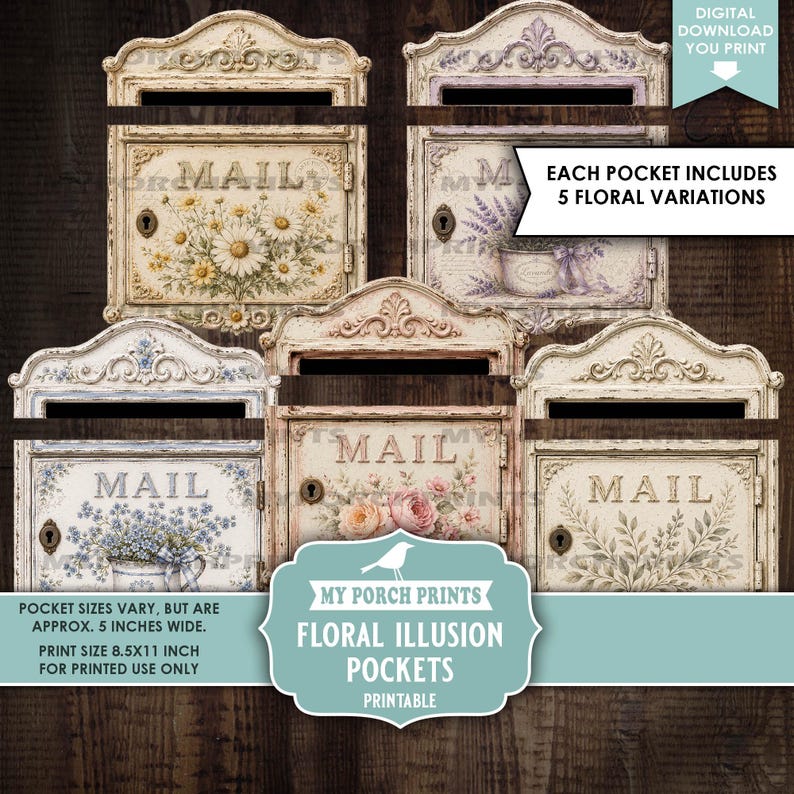Floral Illusion Pockets 1, Junk Journal Kit Books Tags Spring Teacups Happy Mail Mailbox Vintage, My Porch Prints Printable Digital Download image 5