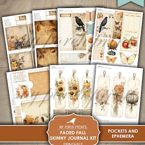 May include: Printable journal kit with an autumn theme. The kit includes pages with autumn leaves, pumpkins, birds, and sunflowers. The text "My Porch Prints Faded Fall Skinny Journal Kit Printable" is at the bottom of the image.