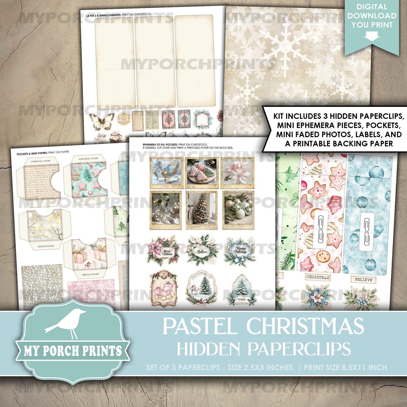 Pastel Christmas Hidden Paperclips, Set of 3, Junk Journal, Paper Clips ...