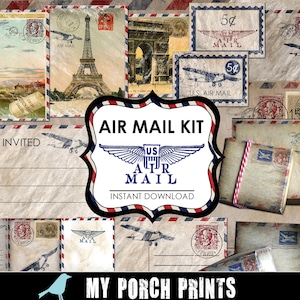 Luftpost, Kit, Postkarte, Junk Journal, Umschlag, Brief, Einladung, Reise, Thema, Geburtstag, Party, Bon Voyage, Ephemera, Going Away, Schachteln