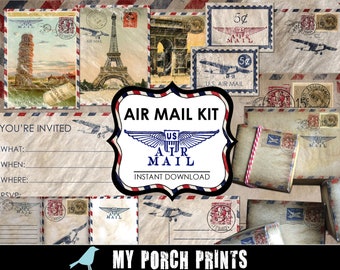 May include: A printable digital kit with an air mail theme. The kit includes an invitation, envelopes, and other printable elements. The kit is available for instant download. The text "US AIR MAIL" is featured in blue on a red, white, and blue background.