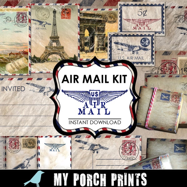 Air Mail, Kit, Postcard, Junk Journal, Envelope, Letter, Invitation, Travel, Theme, Birthday, Party, Bon Voyage, Ephemera, Going Away, Boxes