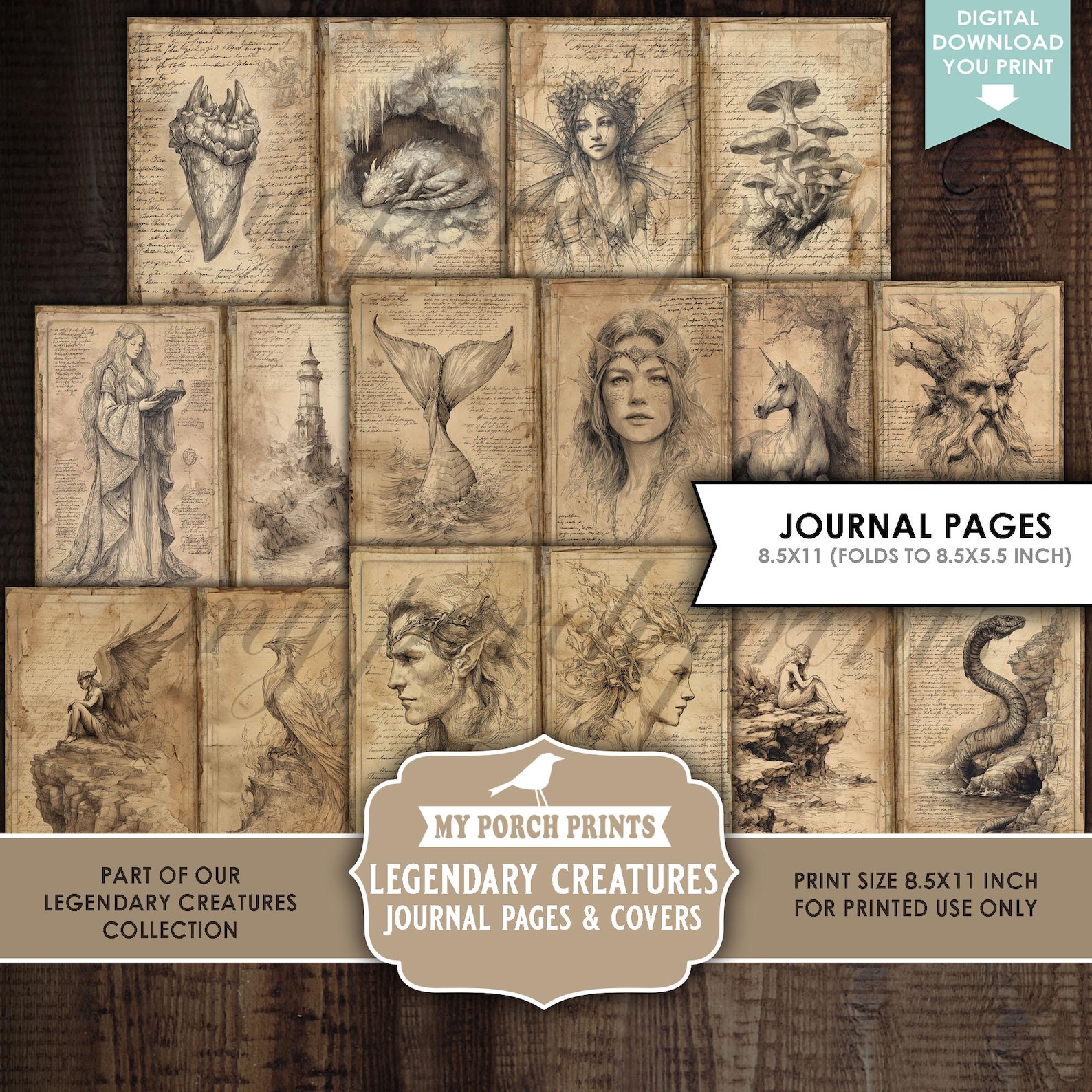 Legendary Creatures Junk Journal PAGES & COVERS, Magic Neutral Dragon ...