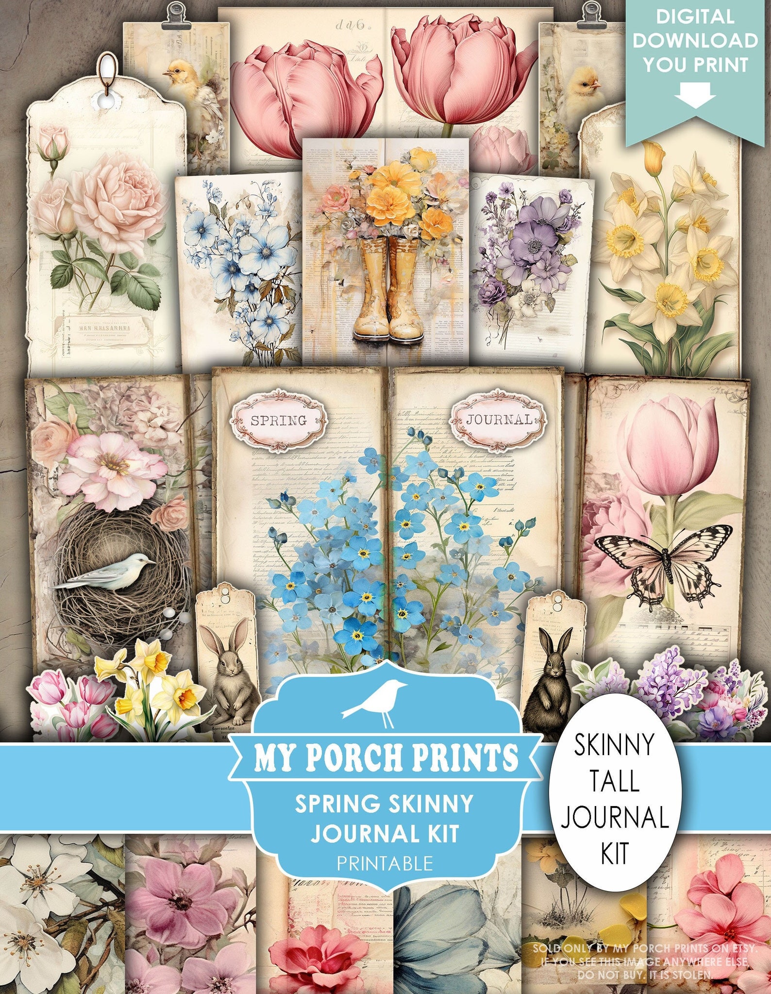 Spring Skinny Junk Journal Kit, Tall, Vintage, Pastel, Floral, Easter ...