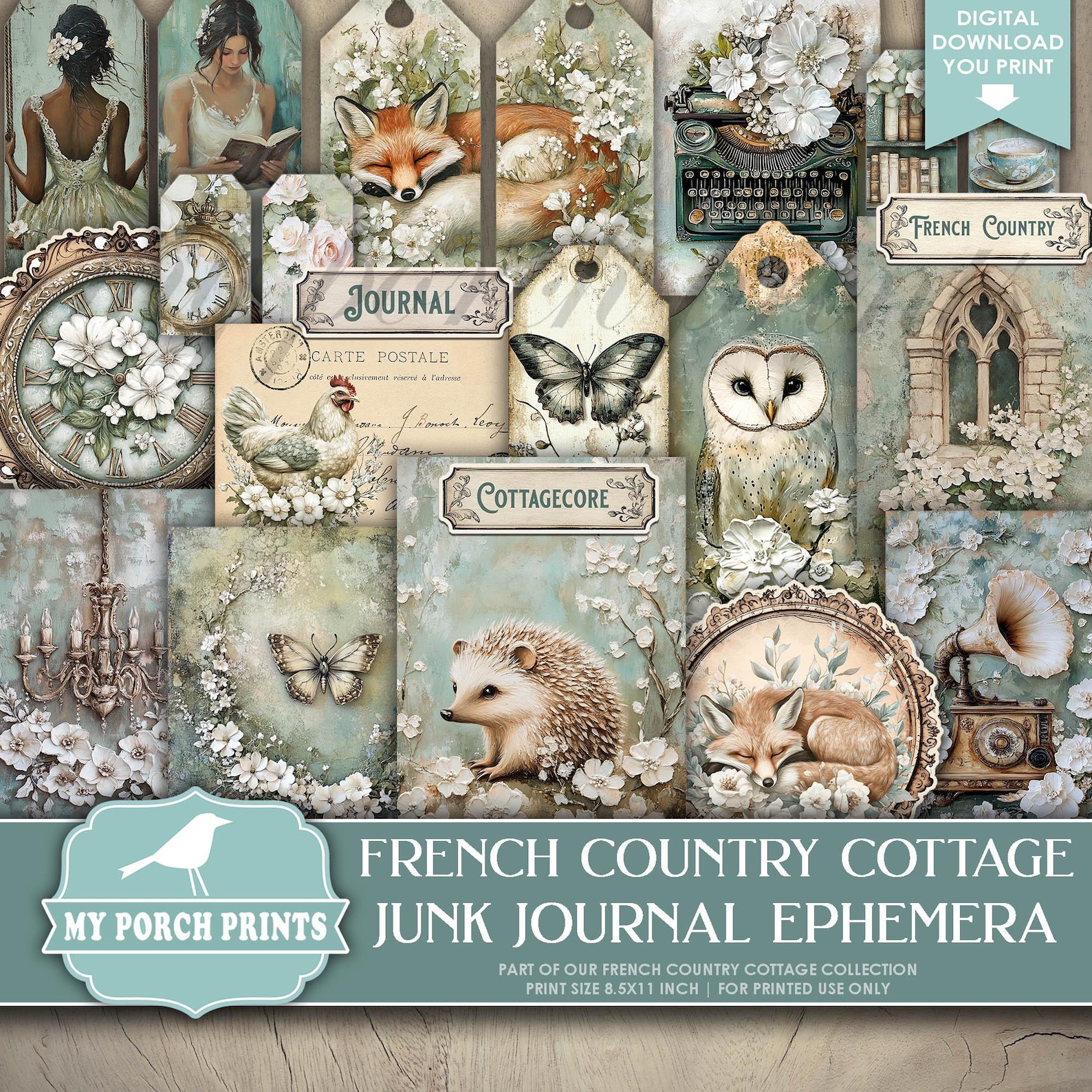 French Country Cottage EPHEMERA, Junk Journal, Kit, Vintage, Blue ...