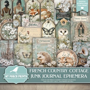French Country Cottage EPHEMERA, Junk Journal, Kit, Vintage, Blue, Ivory, Floral, Spring, Farm, My Porch Prints Printable Digital Download