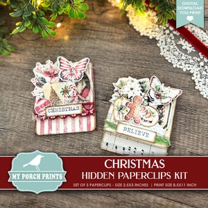 Christmas Hidden Paperclips Kit, Set of 3, Junk Journal, Paper Clip, Bookmark, Holiday, Red, My Porch Prints, Printable, Digital Download
