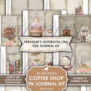 Op de afbeelding: Printbare journalset met koffie-thema met 10 vellen journalpagina's. De set bevat afbeeldingen van koffie, boeken en andere vintage-ge&iuml;nspireerde ontwerpen. De journalpagina's zijn 21 cm bij 10,8 cm gevouwen.