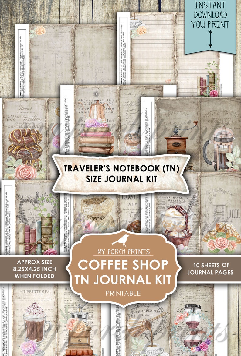 Op de afbeelding: Printbare journalset met koffie-thema met 10 vellen journalpagina's. De set bevat afbeeldingen van koffie, boeken en andere vintage-ge&iuml;nspireerde ontwerpen. De journalpagina's zijn 21 cm bij 10,8 cm gevouwen.