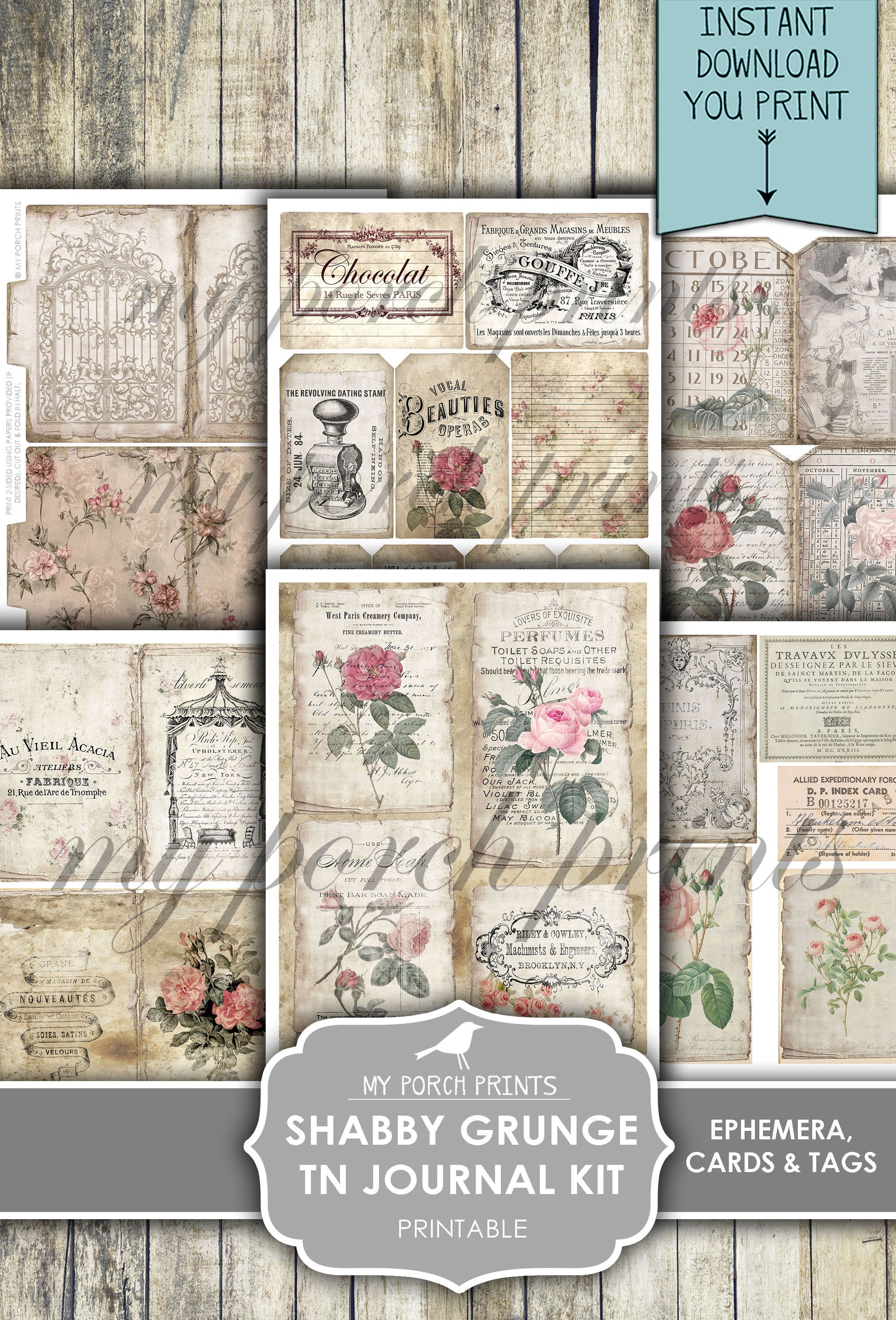 Shabby Grunge TN Junk Journal Kit, Travelers Notebook, Roses, Vintage ...