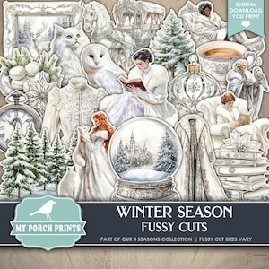 Winter Season FUSSY CUTS, Junk Journal, 4 Seasons, White, Neutral, Christmas, Stickers, Cricut, My Porch Prints, Printable, Digital Download