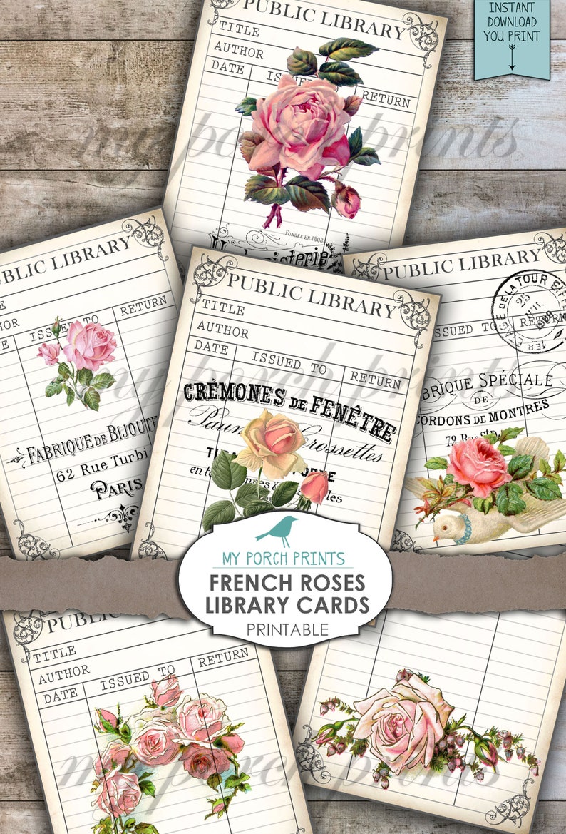 Library Cards, French, Rose, scrapbooking, ATC, Valentine, tag, embellishment, download, Digital, Junk Journal, vintage, Printable, Ephemera 