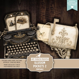 May include: A digital download featuring a black vintage typewriter with two paper tags showing inkwells and books, and a cream-colored mailbox with ornate scrollwork and a butterfly illustration. Text includes 'MY PORCH PRINTS ILLUSION POCKETS 2'.