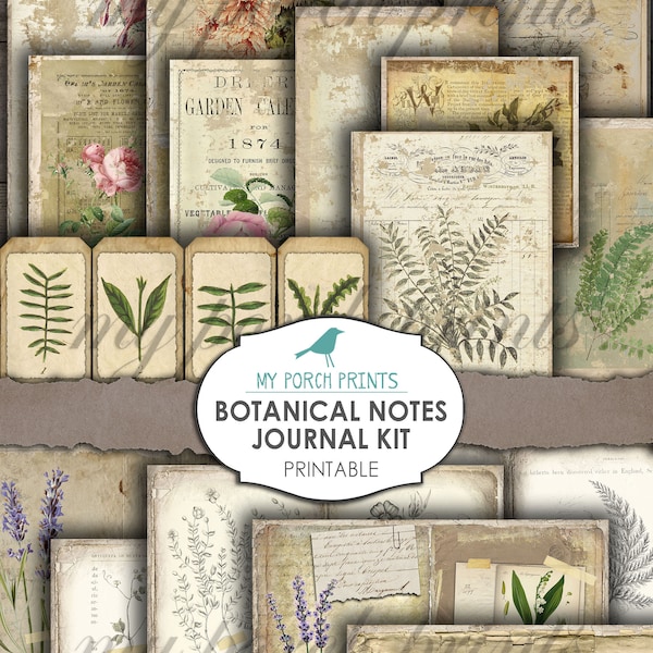 Botanical Junk Journal Kit, Botanical Journal, Note, Ephemera, My Porch Prints, Scrapbook, Printable Paper, Vintage Garden, Digital Download