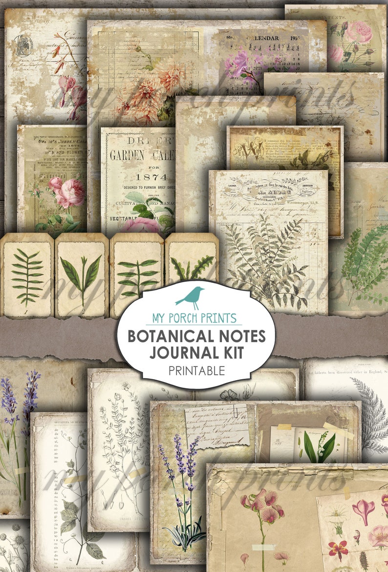 Puede incluir: Un kit de diario bot&aacute;nico imprimible con ilustraciones florales vintage y texto. El kit incluye 12 p&aacute;ginas con im&aacute;genes de flores, helechos y hojas. Las p&aacute;ginas est&aacute;n dise&ntilde;adas para ser impresas y utilizadas para llevar un diario, hacer scrapbooking u otros proyectos creativos.