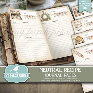 Pages de recettes neutres, livre de cuisine, desserts, pâtisserie, cuisine, gâteau, grand-mère, nourriture, journal intime, impressions sur mon porche, imprimable, téléchargement numérique