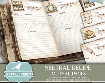 May include: Printable recipe journal pages with watercolor floral designs. The pages are divided into sections for notes, ingredients, and directions. The journal includes 8 sheets, plus plain and inksaver sheets. The print size is 8.5x11 inches and folds to 8.5x5.5 inches.
