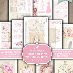 Op de afbeelding: Printbare journalset met 64 pagina's, inclusief gelinieerde en blanco pagina's. De set heeft een roze en witte kleurstelling met bloemmotieven en de tekst "Pretty in Pink "My First Journal".