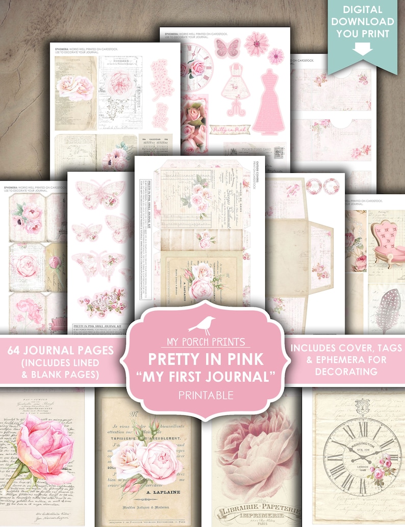Op de afbeelding: Printbare journalset met 64 pagina's, inclusief gelinieerde en blanco pagina's. De set heeft een roze en witte kleurstelling met bloemmotieven en de tekst "Pretty in Pink "My First Journal".