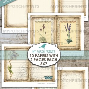 May include: A set of 10 printable journal pages featuring vintage botanical illustrations and handwritten text. Each page is 5x7 inches and includes both blank and lined options. The pages are perfect for scrapbooking, journaling, or crafting.