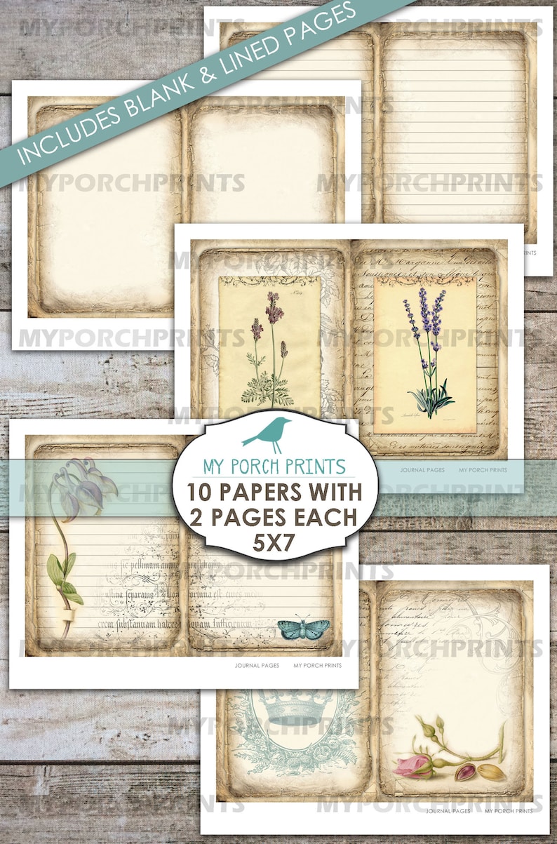 May include: A set of 10 printable journal pages featuring vintage botanical illustrations and handwritten text. Each page is 5x7 inches and includes both blank and lined options. The pages are perfect for scrapbooking, journaling, or crafting.