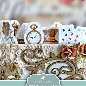 K&ouml;nnte beinhalten: Druckbare Alice im Wunderland-Registerkarten mit skurrilen Illustrationen von Alice, einer Taschenuhr, einem Hut des Hutmachers, Spielkarten und einem Schl&uuml;ssel. Die Registerkarten sind f&uuml;r die Verwendung in einem Scrapbook oder Planer gedacht.
