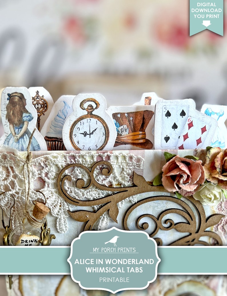K&ouml;nnte beinhalten: Druckbare Alice im Wunderland-Registerkarten mit skurrilen Illustrationen von Alice, einer Taschenuhr, einem Hut des Hutmachers, Spielkarten und einem Schl&uuml;ssel. Die Registerkarten sind f&uuml;r die Verwendung in einem Scrapbook oder Planer gedacht.