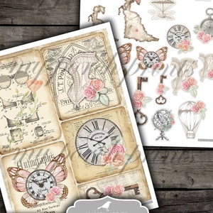 May include: Printable journal kit with a steampunk theme. The kit includes images of clocks, keys, butterflies, hot air balloons, and roses in shades of pink and brown.