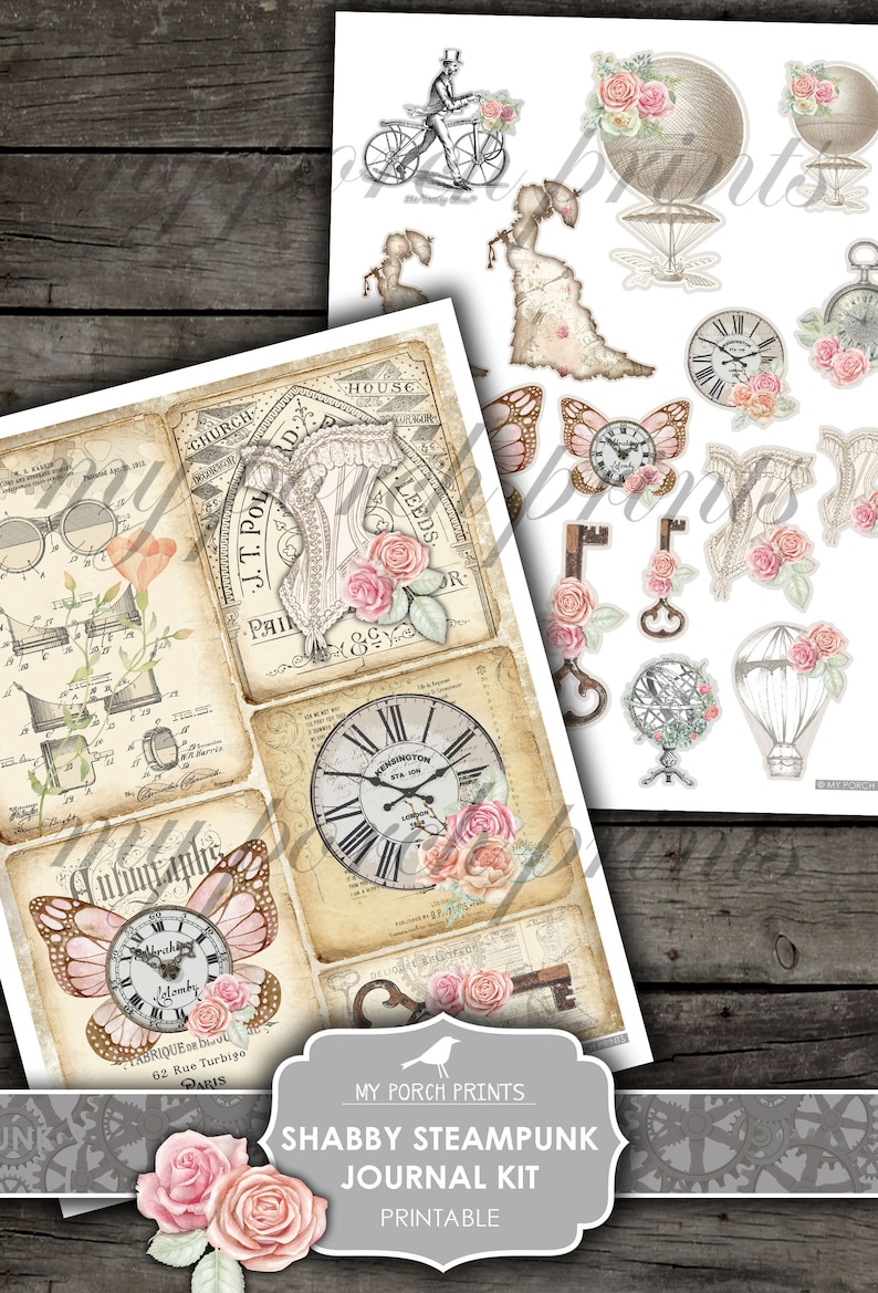 May include: Printable journal kit with a steampunk theme. The kit includes images of clocks, keys, butterflies, hot air balloons, and roses in shades of pink and brown.